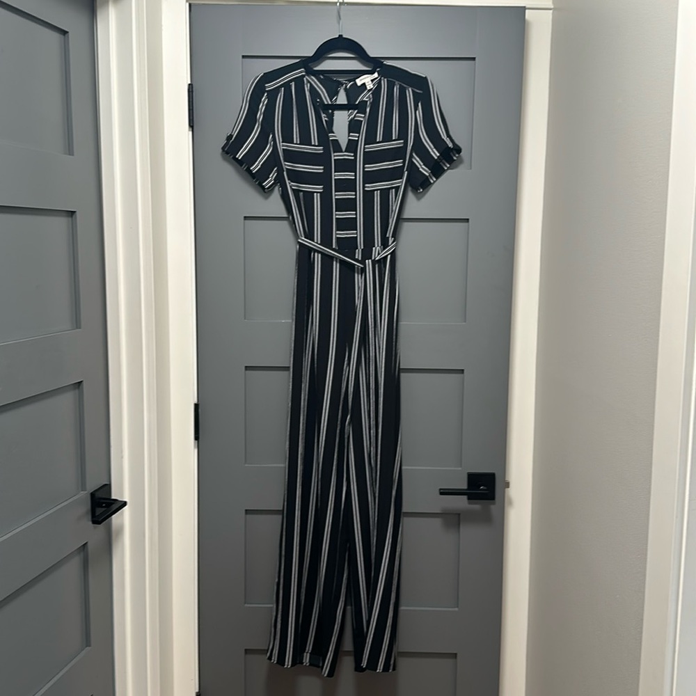 Monteau belted pantsuit. Black and white striped. Beautiful on